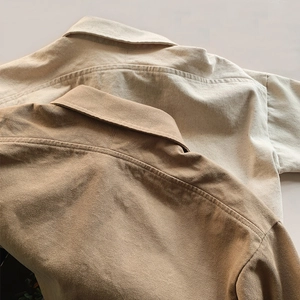 Back view of retro cotton children shirts in beige and caramel with quality stitching