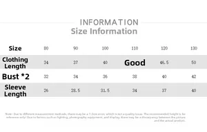 Size information chart for kids bamboo cotton long sleeve tee with exact measurements