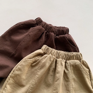 Kids loose cotton casual pants in dark coffee and khaki with elastic waist design