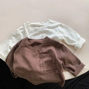 Kids Slub Cotton Long Sleeve T-Shirt Solid Color Casual Soft Round Neck Bottoming Shirt With Chest Pocket For Boys Girls