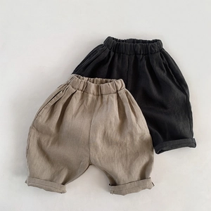 Kids Summer Pure Linen Shorts Korean Style Loose Breathable Casual Trousers For Boys Girls Solid Color Elastic Waist Bottoms