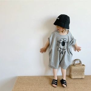 Kids loose grey cotton romper with cute cartoon monster print and casual bucket hat