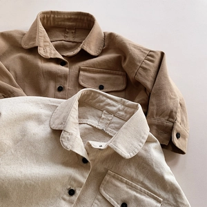 Kids vintage cotton long sleeve shirts in brown and beige colors with front pocket