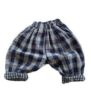 Retro blue plaid double-layer cotton trousers for kids with elastic waist and rolled cuffs