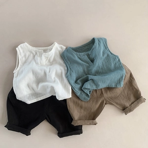 Breathable pure linen summer sleeveless vest and shorts sets for toddlers in neutral colors
