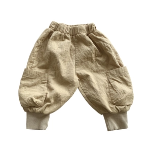 Kids khaki double-layered cotton cargo pants with elastic waist and ribbed cuffs