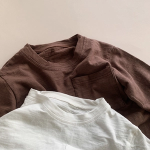 Kids long sleeve slub cotton T-shirts in brown and cream colors with chest pocket