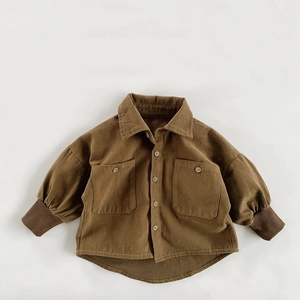 Kids Korean Style Brushed Cotton Shirt Jacket Long Sleeve Single Breasted Solid Color Top For Boys Girls Toddler