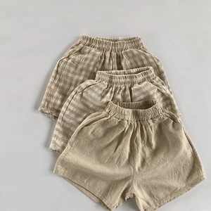 Shorts légers en coton et lin pour enfants avec motifs unis, rayés et à carreaux