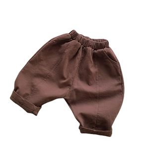 Kids loose casual harem pants in brown cotton with elastic waist and cuffed hem