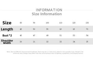 Size chart for children's sleeveless bodysuit with measurements from size 80 to 130