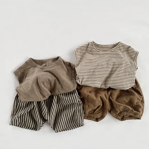 Breathable slub cotton summer vest and bloomers sets for toddlers in earth tones