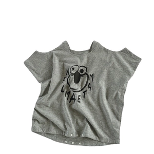 Short sleeve gray baby romper with cartoon print and stylish cold shoulder cutouts