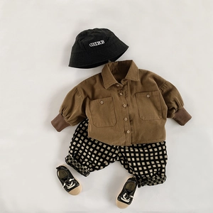 Children's brown button-down shirt paired with plaid joggers and a bucket hat set