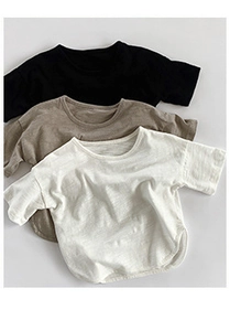 Close-up of three bamboo cotton T-shirts in black, khaki and white with slub texture