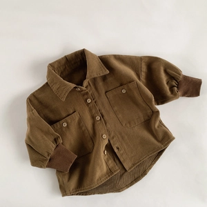 Brown corduroy shirt jacket for kids with button-down front and ribbed cuffs