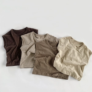 Breathable slub cotton sleeveless vests for kids in earth tones set of four colors