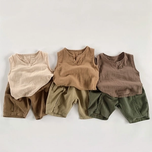 Kids linen vest and shorts sets in earthy tones including beige, ginger and coffee colors
