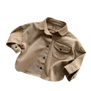 Kids vintage corduroy long sleeve shirt with classic collar and front pocket in khaki brown