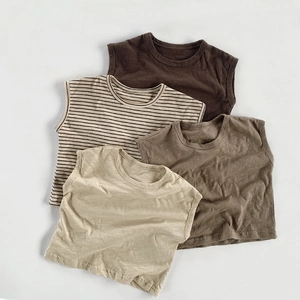 Flat lay of four breathable bamboo cotton kids vests in earthy tones and striped pattern