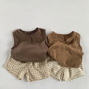 Ensemble d'été en coton et lin respirant pour tout-petits, coloris marron et caramel