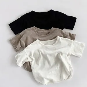 T-Shirt à Manches Courtes en Coton Slub pour Enfants Mince Respirant Col Rond Couleur Unie Haut pour Garçons Filles Été