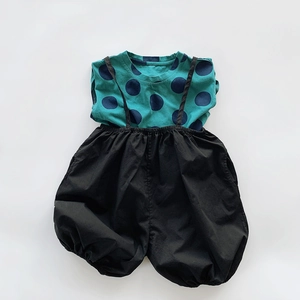 Kids summer cotton outfit set with green polka dot t-shirt and black overall pants