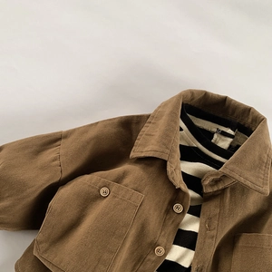 Kids minimalist caramel brown long sleeve cotton shirt jacket with utility pockets