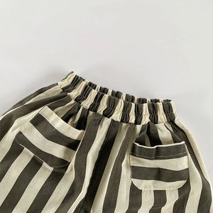 Kids minimalist cotton striped casual pants with elastic waistband and front patch pockets