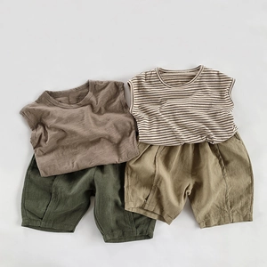 Breathable slub cotton summer tank tops and shorts for toddlers in natural Morandi tones