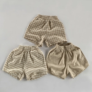 Détails du short en coton et lin respirant pour enfants avec rayures et carreaux fins