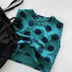 Kids Casual Cotton Polka Dot Sleeveless T-Shirt Vest Summer Korean Style Round Neck Lake Blue Top For Boys Girls