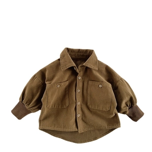 Kids oversized brown cotton utility shirt with wood buttons and large front pockets