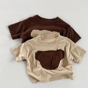 T-Shirt à Manches Courtes en Coton pour Enfants Style Coréen Doux Top Col Rond Avec Patch Ours Pour Garçons Filles Été