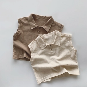 Detailed flat lay of sleeveless cotton polo vests in khaki and cream with polo collars
