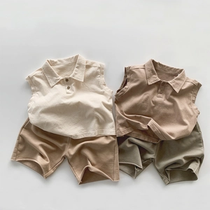Minimalist summer sleeveless polo and shorts set for kids in neutral earthy tones