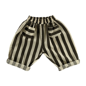 Kids minimalist striped cotton pants with elastic waist and retro patch pockets