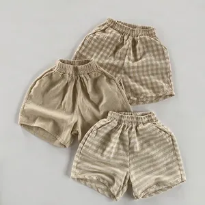 Short en Coton Respirant pour Enfants Été pour Garçons Filles Style Coréen Décontracté à Carreaux Rayé Large Confortable Pantalon Court