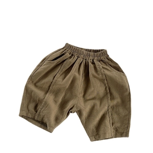 Kids breathable cotton linen shorts in khaki featuring elastic waist and side pockets
