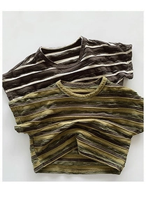 Detailed top view of striped cotton short-sleeved t-shirts for kids in casual knits