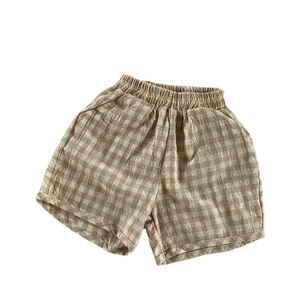 Short à carreaux en coton et lin pour enfants avec taille élastique et poches latérales