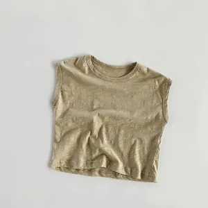 Detailed macro shot of breathable slub cotton fabric on a khaki sleeveless summer vest