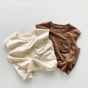 Débardeur en Coton Sans Manches pour Enfants Garçons Filles Été Fin Respirant Col Rond Gilet Avec Poche Style Coréen Haut Basique
