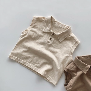Detailed macro view of cotton sleeveless polo shirts in beige and brown colors for kids