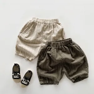 Pantaloncini a righe in cotone e lino per bambini in beige e verde oliva stile giapponese