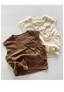 Detail of soft knitted cotton baby vests with round neck and decorative chest pockets
