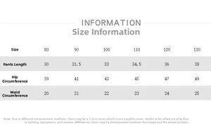 Size chart for kids cotton linen shorts showing length hip and waist measurements in cm