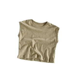 Breathable khaki bamboo cotton tank top for kids featuring minimalist crew neck design