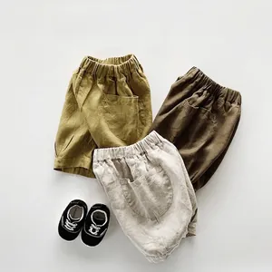 Shorts vintage en lin pour enfants en olive, café et beige avec taille élastique