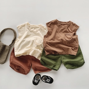 Breathable cotton linen summer sleeveless tank top and shorts set for kids in earthy colors